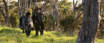 Movie still from “Hunt for the Wilderpeople” (2016), directed by Taika Waititi – An older man with a beard and a hat is standing in the grass with a horse; Wide shot, Over the shoulder angle