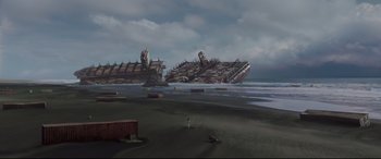 An artistic rendering of a wrecked ship on the beach