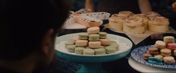 Movie still from “I Care a Lot” (2020), directed by J Blakeson – A plate of macaroons on the table; Close Up shot, Over the shoulder angle