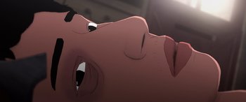 Movie still from “I Lost My Body” (2019), directed by Jérémy Clapin – An animation of a woman with a large breast; Extreme Close Up shot, Overhead angle