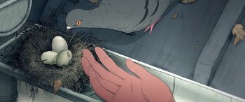 Movie still from “I Lost My Body” (2019), directed by Jérémy Clapin – A pigeon is standing next to a person's hand; Extreme Close Up shot, Overhead angle