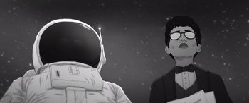 Movie still from “I Lost My Body” (2019), directed by Jérémy Clapin – An astronaut and a person in a spacesuit in front of a space background; Close Up shot, Low angle