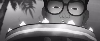 Movie still from “I Lost My Body” (2019), directed by Jérémy Clapin – A black and white image of a person with glasses; Extreme Close Up shot, High angle