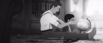 Movie still from “I Lost My Body” (2019), directed by Jérémy Clapin – A man sitting on the ground with a glass of wine; Medium shot, Over the shoulder angle