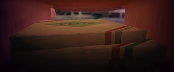 Movie still from “I Lost My Body” (2019), directed by Jérémy Clapin – A stack of pizza boxes; Extreme Close Up shot, High angle