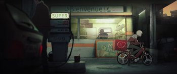 Movie still from “I Lost My Body” (2019), directed by Jérémy Clapin – An empty gas station is shown in a painting; Extreme Wide shot, High angle