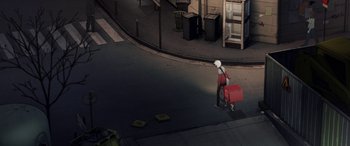 Movie still from “I Lost My Body” (2019), directed by Jérémy Clapin – A woman walking down the street with a red suitcase; Extreme Wide shot, High angle