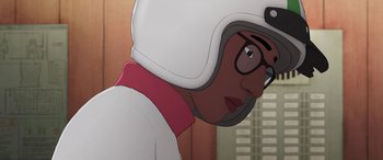 Movie still from “I Lost My Body” (2019), directed by Jérémy Clapin – A person wearing a helmet and glasses; Close Up shot, Low angle