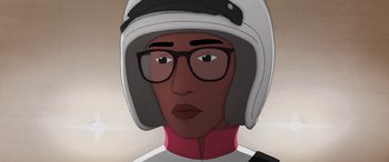 Movie still from “I Lost My Body” (2019), directed by Jérémy Clapin – An animated person wearing a helmet and glasses; Close Up shot, Low angle