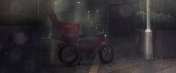 Movie still from “I Lost My Body” (2019), directed by Jérémy Clapin – A red scooter parked on the side of the street; Extreme Wide shot, High angle