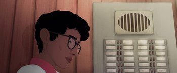 Movie still from “I Lost My Body” (2019), directed by Jérémy Clapin – A man with glasses is standing in front of an electrical box; Close Up shot, High angle