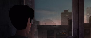 Movie still from “I Lost My Body” (2019), directed by Jérémy Clapin – A man looking out of a window at a city; Extreme Wide shot, Over the shoulder angle