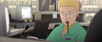 Movie still from “I Lost My Body” (2019), directed by Jérémy Clapin – An animated woman is holding a pencil in her mouth; Medium shot, High angle