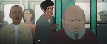 Movie still from “I Lost My Body” (2019), directed by Jérémy Clapin – An illustration of a man standing in front of a wall; Medium shot, Over the shoulder angle