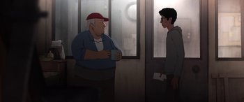 Movie still from “I Lost My Body” (2019), directed by Jérémy Clapin – Two people are talking in a room with a window; Medium shot, Over the shoulder angle