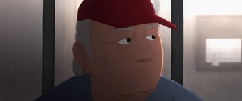 Movie still from “I Lost My Body” (2019), directed by Jérémy Clapin – An old man wearing a red hat and a blue shirt; Close Up shot, Low angle