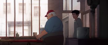 Movie still from “I Lost My Body” (2019), directed by Jérémy Clapin – An old man sitting in front of a window; Wide shot, Low angle