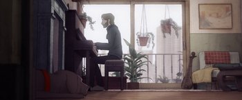 Movie still from “I Lost My Body” (2019), directed by Jérémy Clapin – A man sitting in front of a piano in a living room; Wide shot, High angle