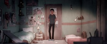 Movie still from “I Lost My Body” (2019), directed by Jérémy Clapin – A man standing in front of a door in a room; Wide shot, High angle