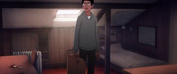 Movie still from “I Lost My Body” (2019), directed by Jérémy Clapin – A man standing in a room holding a suitcase; Medium shot, High angle