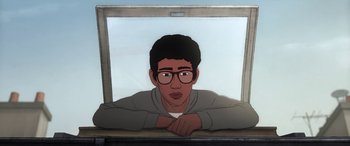 Movie still from “I Lost My Body” (2019), directed by Jérémy Clapin – An animated picture of a man with glasses looking out of a window; Medium shot, Low angle