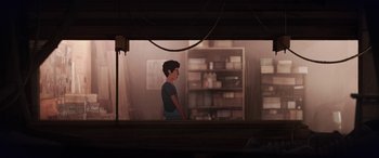 Movie still from “I Lost My Body” (2019), directed by Jérémy Clapin – A boy standing in front of a shelf in a room; Wide shot, Over the shoulder angle