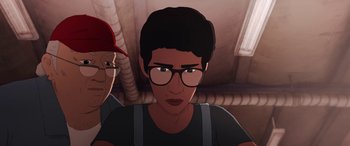 Movie still from “I Lost My Body” (2019), directed by Jérémy Clapin – An animated person with glasses and a hat; Close Up shot, Overhead angle