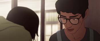 Movie still from “I Lost My Body” (2019), directed by Jérémy Clapin – An animated man wearing glasses looking at a woman; Close Up shot, Over the shoulder angle