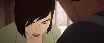 Movie still from “I Lost My Body” (2019), directed by Jérémy Clapin – An animated woman looking at a man in front of a window; Extreme Close Up shot, Over the shoulder angle