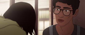 Movie still from “I Lost My Body” (2019), directed by Jérémy Clapin – A man wearing glasses is looking at a woman; Close Up shot, Over the shoulder angle