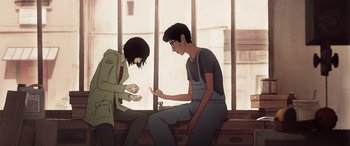 Movie still from “I Lost My Body” (2019), directed by Jérémy Clapin – A man and a woman sitting next to each other on a bench; Medium shot, Overhead angle