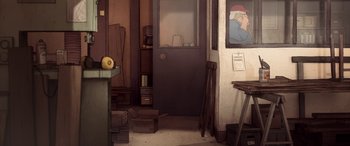 Movie still from “I Lost My Body” (2019), directed by Jérémy Clapin – An illustration of an open door in a room; Extreme Wide shot, High angle
