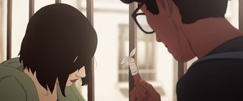 Movie still from “I Lost My Body” (2019), directed by Jérémy Clapin – An animated person is looking at a paper plane; Extreme Close Up shot, Over the shoulder angle