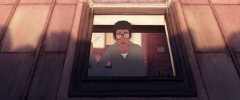 Movie still from “I Lost My Body” (2019), directed by Jérémy Clapin – An animated person is looking out of a window; Medium shot, High angle