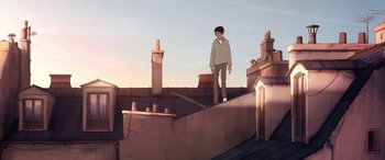 Movie still from “I Lost My Body” (2019), directed by Jérémy Clapin – A man standing on the edge of a building; Wide shot, Low angle