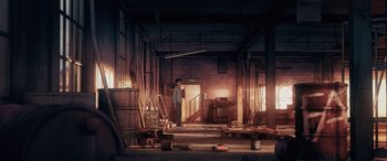 Movie still from “I Lost My Body” (2019), directed by Jérémy Clapin – A man standing in an empty room next to a door; Extreme Wide shot, High angle