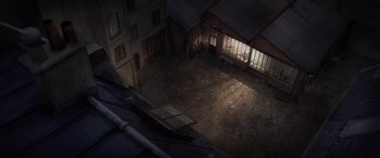 Movie still from “I Lost My Body” (2019), directed by Jérémy Clapin – An aerial view of an empty courtyard at night; Extreme Wide shot, High angle