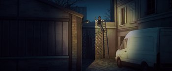 Movie still from “I Lost My Body” (2019), directed by Jérémy Clapin – A man standing on the side of a building on top of a ladder; Extreme Wide shot, High angle