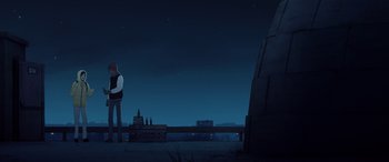 Movie still from “I Lost My Body” (2019), directed by Jérémy Clapin – A man standing on top of a hill at night; Extreme Wide shot, Over the shoulder angle