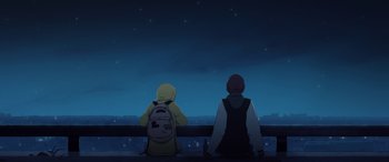 Movie still from “I Lost My Body” (2019), directed by Jérémy Clapin – Two people sitting on a bench looking out at the stars; Extreme Wide shot, Low angle