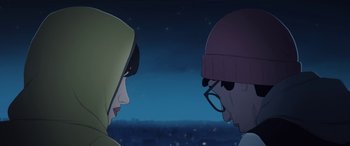 Movie still from “I Lost My Body” (2019), directed by Jérémy Clapin – A couple of people standing next to each other on top of a hill; Close Up shot, Over the shoulder angle