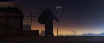 Movie still from “I Lost My Body” (2019), directed by Jérémy Clapin – A person holding a paint roller and a brush; Extreme Close Up shot, Low angle