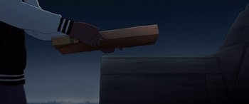 Movie still from “I Lost My Body” (2019), directed by Jérémy Clapin – A person holding a piece of wood in their hand; Extreme Close Up shot, Over the shoulder angle