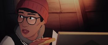 Movie still from “I Lost My Body” (2019), directed by Jérémy Clapin – A man with glasses is eating a piece of pizza; Extreme Close Up shot, Over the shoulder angle