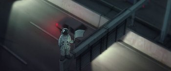 Movie still from “I Lost My Body” (2019), directed by Jérémy Clapin – An illustration of an astronaught holding a flag; Wide shot, Overhead angle