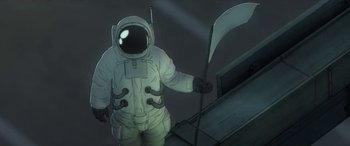 Movie still from “I Lost My Body” (2019), directed by Jérémy Clapin – An illustration of an astronaught holding a scythe; Medium shot, Low angle