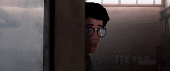 Movie still from “I Lost My Body” (2019), directed by Jérémy Clapin – An animated man wearing glasses looking at the camera; Close Up shot, Over the shoulder angle