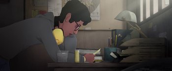Movie still from “I Lost My Body” (2019), directed by Jérémy Clapin – An animated person is writing on a piece of paper; Medium shot, High angle