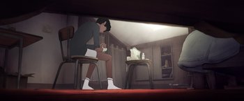 Movie still from “I Lost My Body” (2019), directed by Jérémy Clapin – A man sitting on a chair in front of a window; Extreme Wide shot, High angle