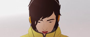 Movie still from “I Lost My Body” (2019), directed by Jérémy Clapin – A woman with headphones on listening to music; Close Up shot, Overhead angle